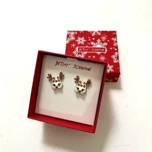 New BETSEY JOHNSON White Cat Reindeer Kitty Stud Earrings Christmas Holidays